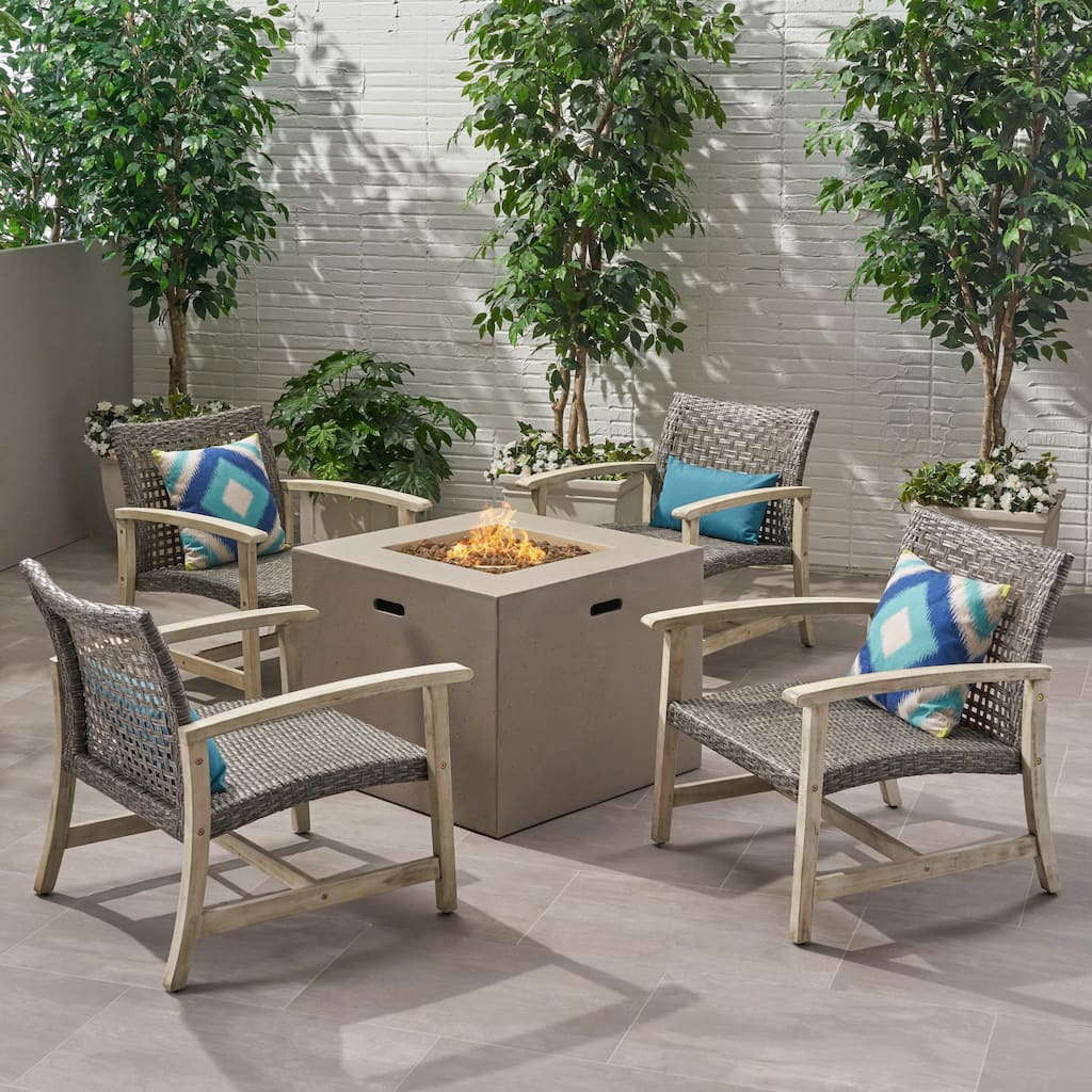 Augusta Outdoor 5 Piece Wood and Wicker Club Chairs and Fire Pit Set by Christopher Knight Home