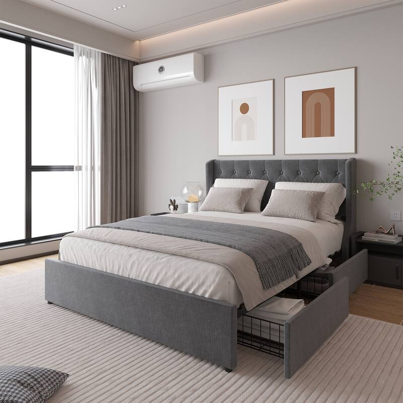 Grey Queen Size Upholstered Bed with Wingback Headboard, 4 Storage Drawers, Button Tufted Design