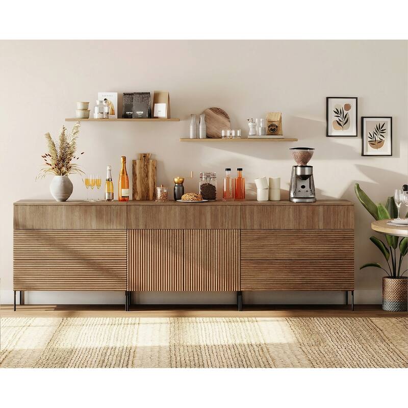 94.5" Modern Reeded Minimalist Sideboard With Drawers And Doors, 3-In-1 Wooden Credenza - Walnut
