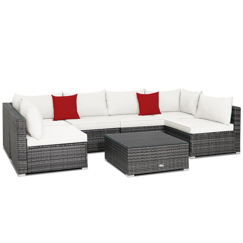 7PCS Patio Rattan Furniture Set Sectional Sofa Cushioned Garden - Beige