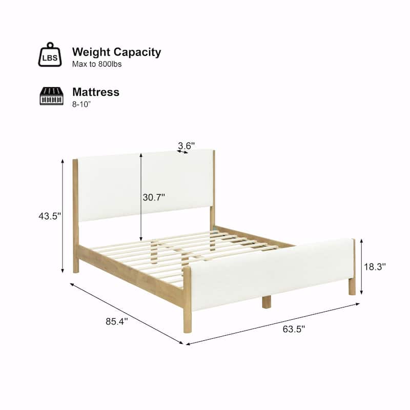 Modern White Bouclé Upholstered Bed with Rubberwood Legs