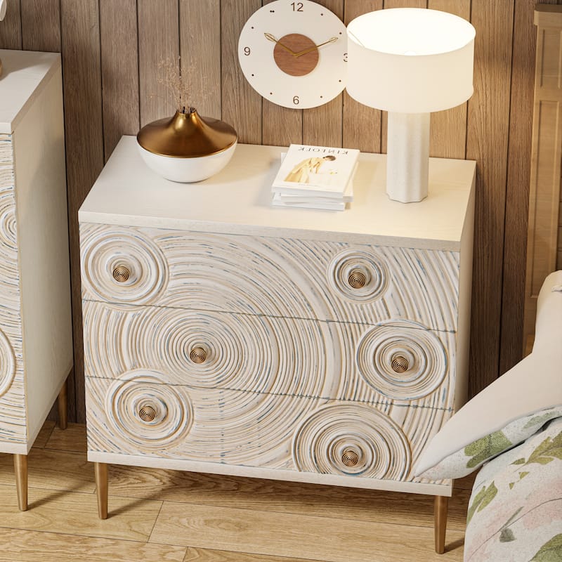 COZAYH Farmhouse Embossed 3 Drawer Dresser with Ring Motif, Distressed Boho Nightstand for Bedroom, Living Room, French Country