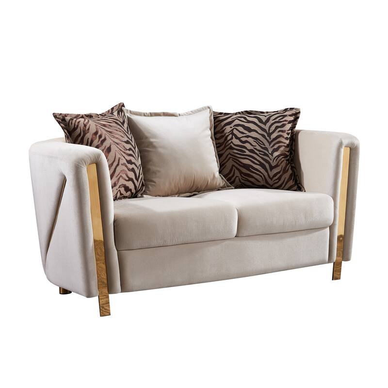 Thick Velvet Fabric Upholstered Loveseat Made With Wood In Beige