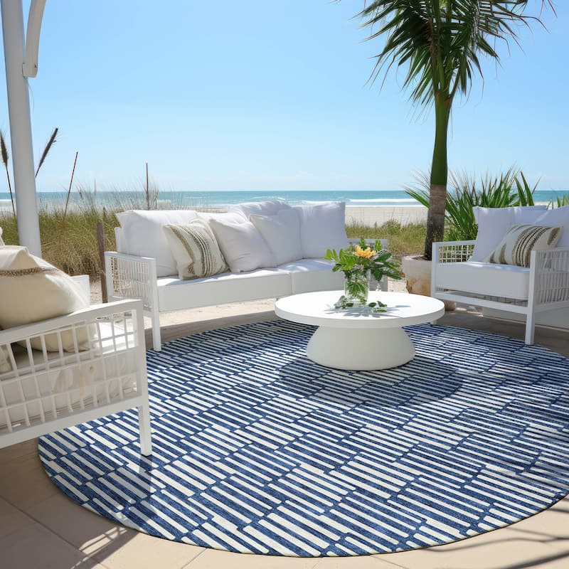 Machine Washable Indoor/ Outdoor Chantille Stripe Blocks Rug - Navy - 8' x 8'
