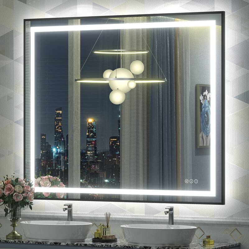 Black Metal Framed LED Front Light and Backlit Anti-Fog Wall Bathroom/ Vanity Mirror - 48" x 40"-Square Corner - Black