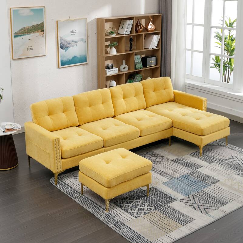 L Shaped Convertible Sectional Sofa with Ottoman, Velvet Fabric 5 Seater Sofa, Upholstered Sofa with Chaise & Storage Pockets