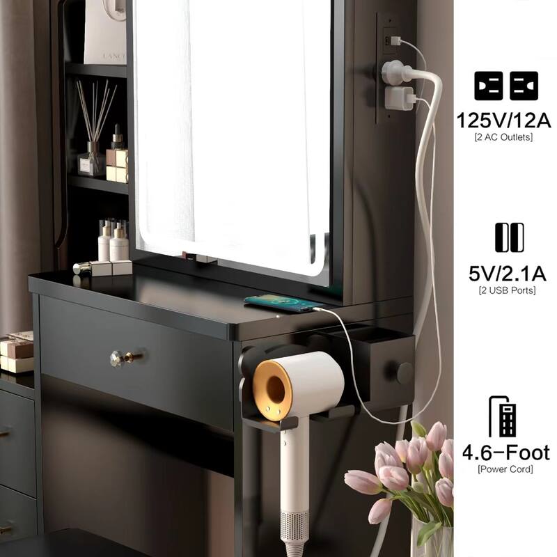 Left Cabinet Makeup Vanity with LED Mirror and USB Power Station and Cushioned Stool