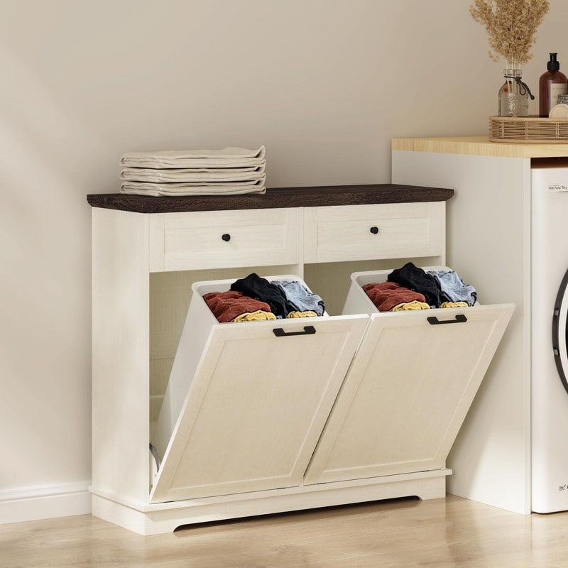 20 Gallon Double Tilt-Out Trash Can Cabinet, Freestanding Wooden Garbage & Recycling Bin with Hideaway Drawer