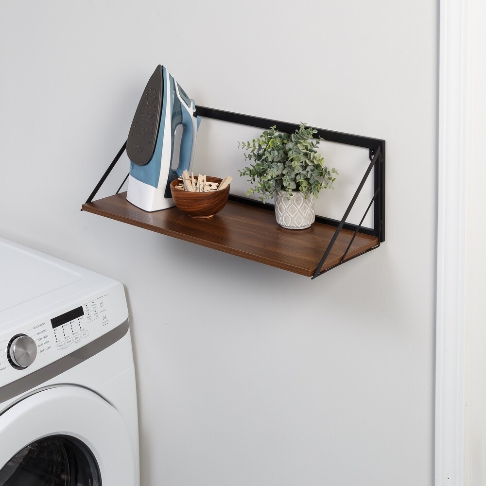 Rustic Burnt Wood Storage Shelf with Black Metal Scrollwork Design & Paper Towel Roll Holder