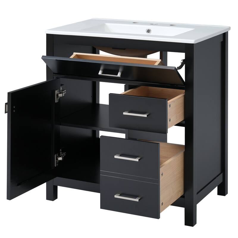 Bathroom Vanity with Ceramic Sink, Bathroom Cabinet with 1 Flip Drawer and 2 Drawers, Bathroom Vanities with Storage Shelves