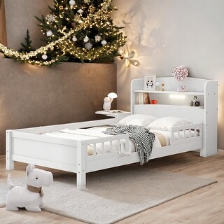 Wood Twin Platform Bed with LED Light and Storage Headboard