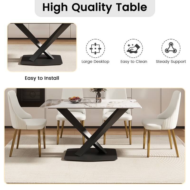 55.12" Modern Artificial Stone Pandora White Straight Edge Black Metal X-Leg Dining Table -6 People - Antique White,Black