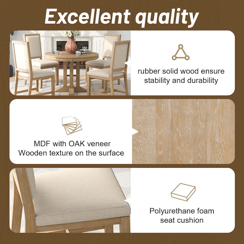 5-Piece Dining Set Extendable Round Table and 4 Upholstered Chairs Farmhouse Dining Set for Kitchen, Dining Room(Black)