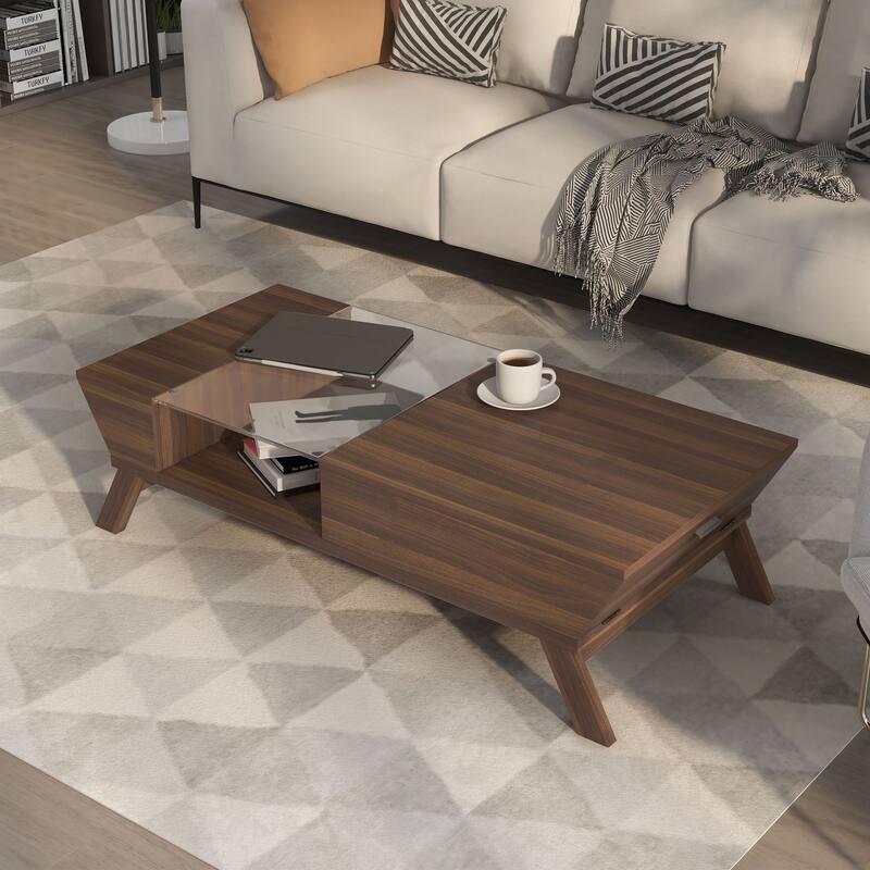 24/7 Shop At Home Mid-Century Walnut 47-inch Glass Insert 1-Shelf Coffee Table
