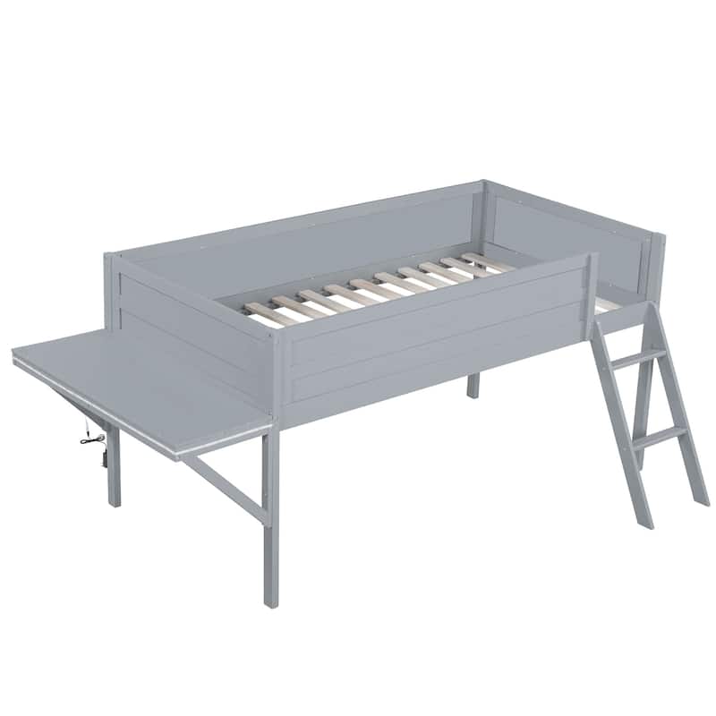 Grey Full Size Wooden Loft Bed with Built-in Gaming Desk, Multi-Color LED Lighting, and Space-Saving Design for Kids and Teens