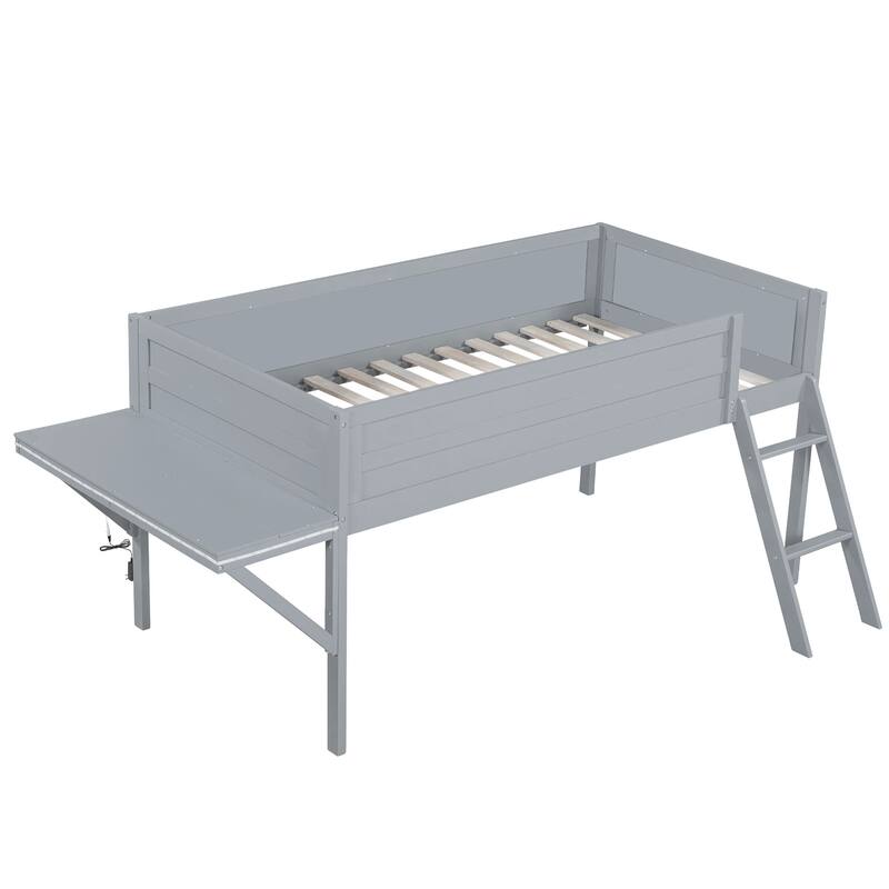 Grey Twin Size Gaming Loft Bed with Integrated Desk and LED Lighting, Storage Space for Consoles
