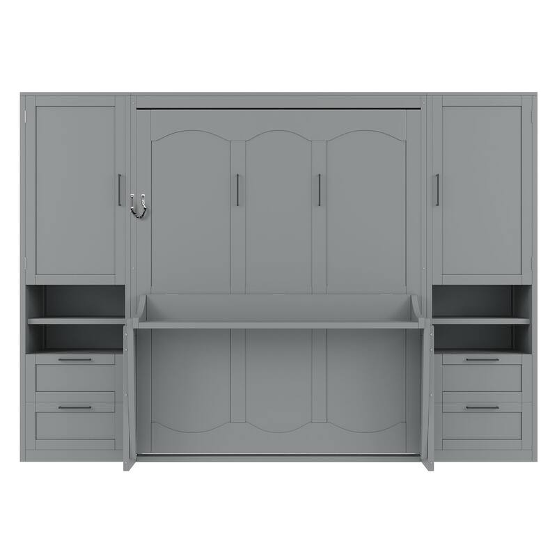 Foldable Bed Frame Wooden Murphy Bed Queen Size Wall Bed Cabinet with Wardrobe and Storage Drawers for Bedroom or Guest Room