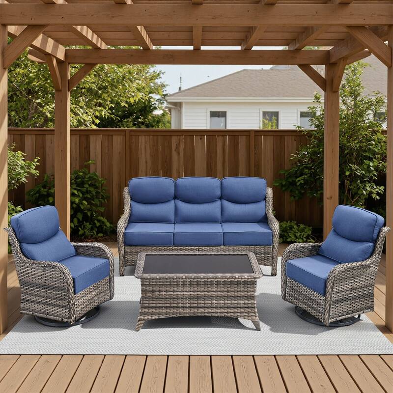 Arcadia 4-Piece Wicker Outdoor Patio Conversation Set with Swivel Gliders and 6-Inch Thick Olefin Cushions - Navy Blue Cushions - Gray Wicker