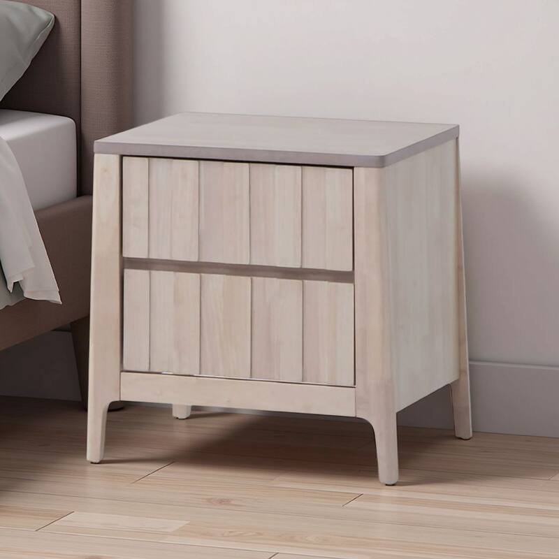 Vasu Nightstand, 2 Drawers, White Wash Solid Rubberwood, 21 Inch