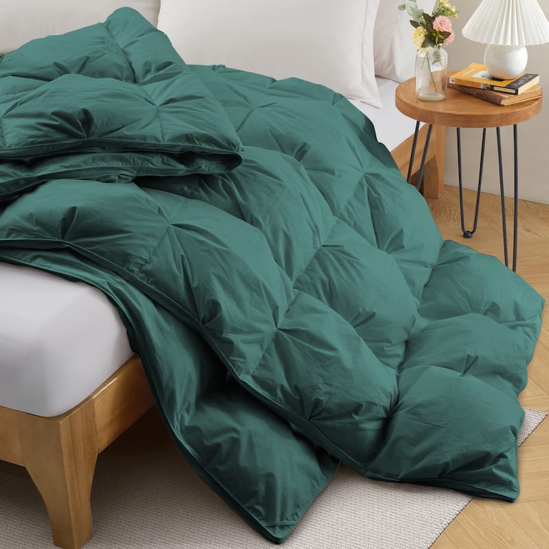 All Season 100% Cotton White Goose Feather Down Comforter with Pinch Pleat Design
