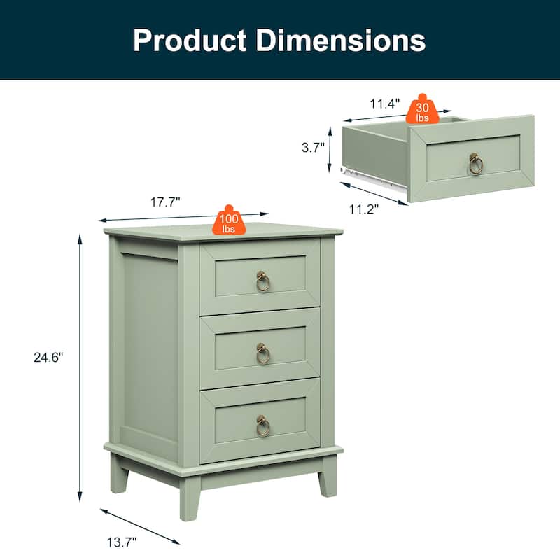 Modern 3-Drawer Wooden Nightstand Set of 2