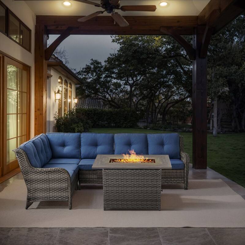Gymojoy 2-Piece Outdoor Wicker Patio Furniture with Fire Pit and L-shaped Sectional Sofa, Coversation Set with Thick Cushions