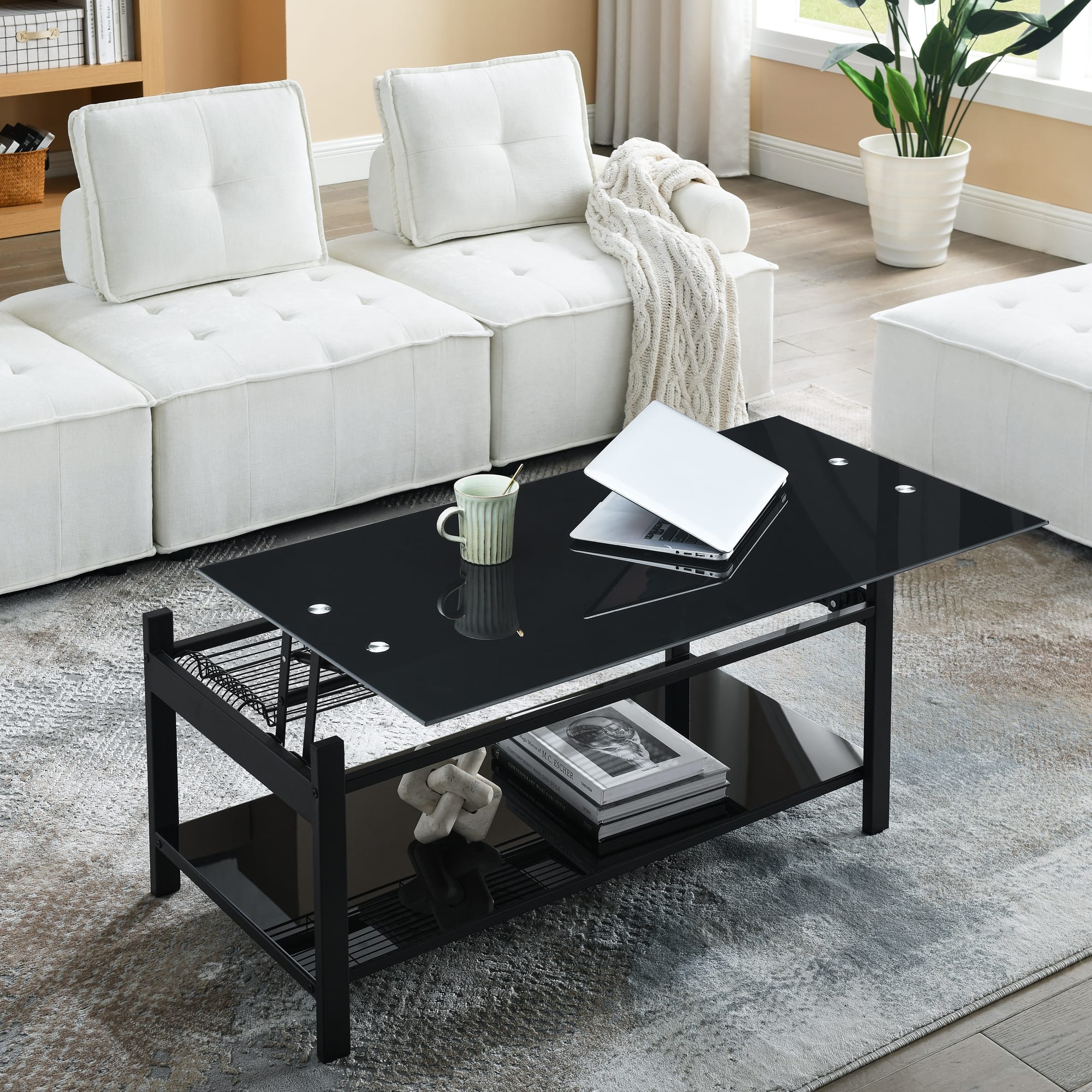 Lift Top Black Coffee Table with Hidden Storage Compartment & Shelf