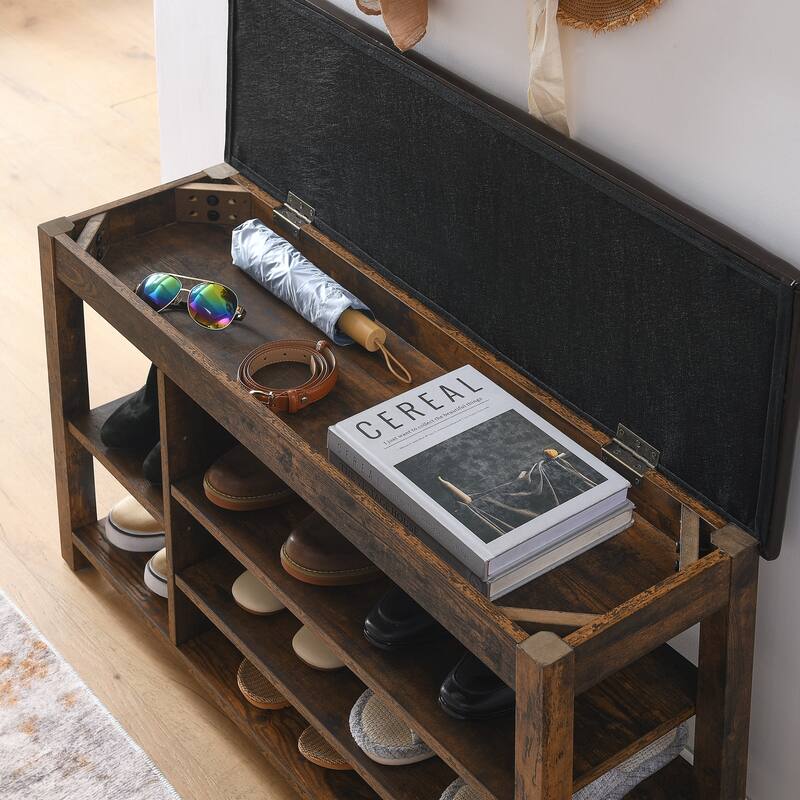 A height-adjustable long shoe-changing bench with seat,concealed storage space and large storage compartments,, natural wood