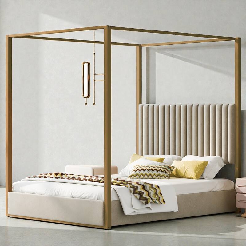 Upholstered Canopy Platform Bed with Headboard, Metal Frame Queen King Bed, No Box Spring Needed - Beige - Queen