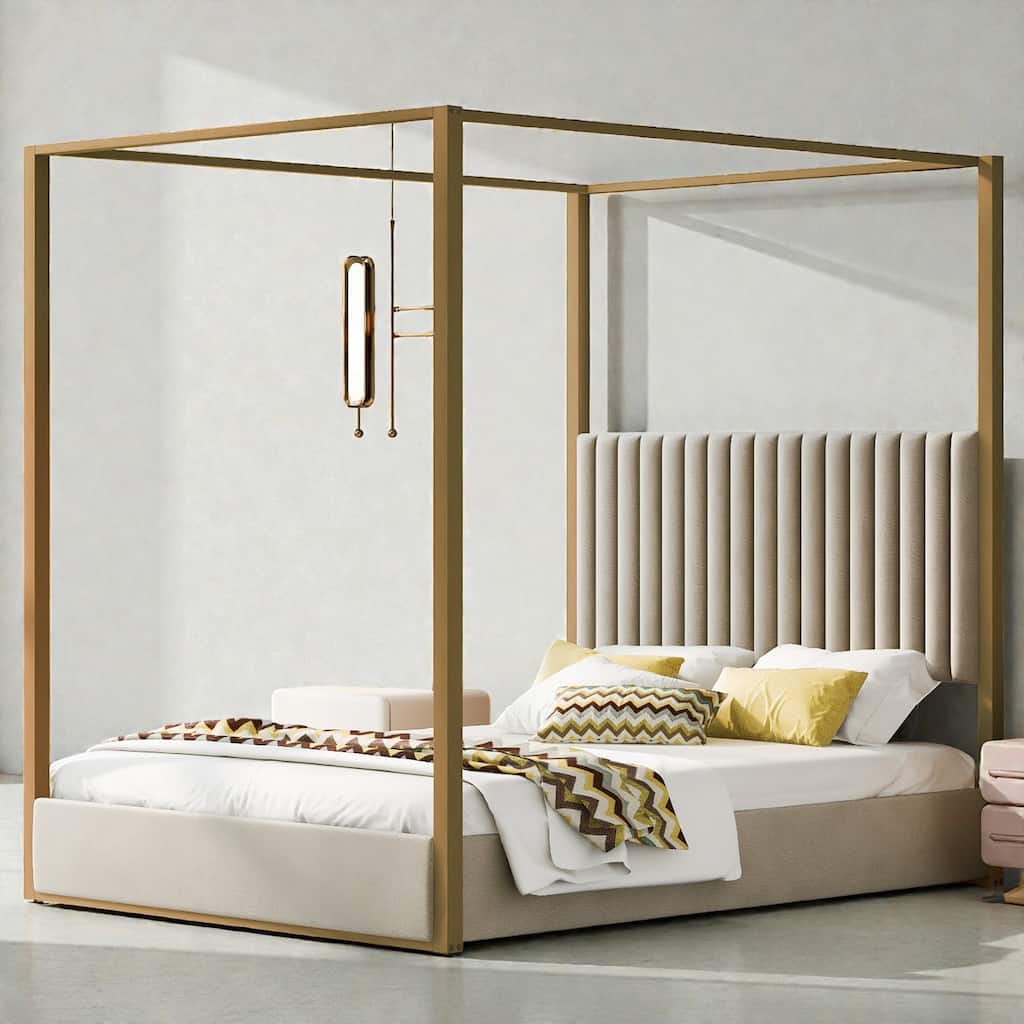 Upholstered Canopy Platform Bed with Headboard, Metal Frame Queen King Bed, No Box Spring Needed