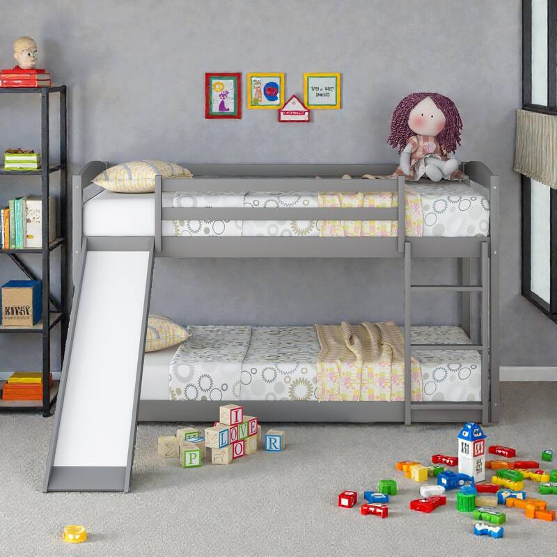 Twin over Twin Wooden Bunk Bed with Slide and Ladder, Convertible Design, Low Bunk Frame for Kids, Solid Pine & MDF