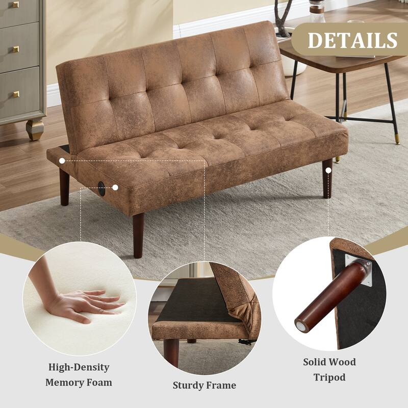 Foldable Sofa Bed with Adjustable Backrest, Charging Port, Coffee Microfiber