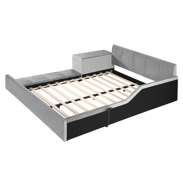 Full Size Velvet Upholstered Platform Bed w/ Bedside Desk & Stool