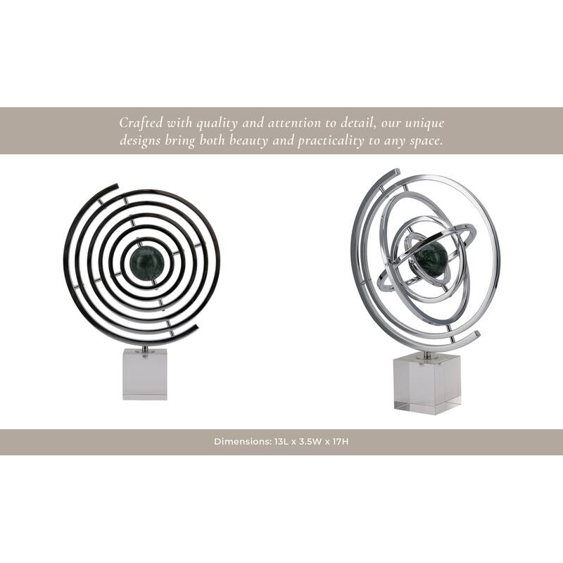 Metal Armillary Modern Geometric Sculpture Marble Base - 17" Blue - 13" x 3.5" x 17"