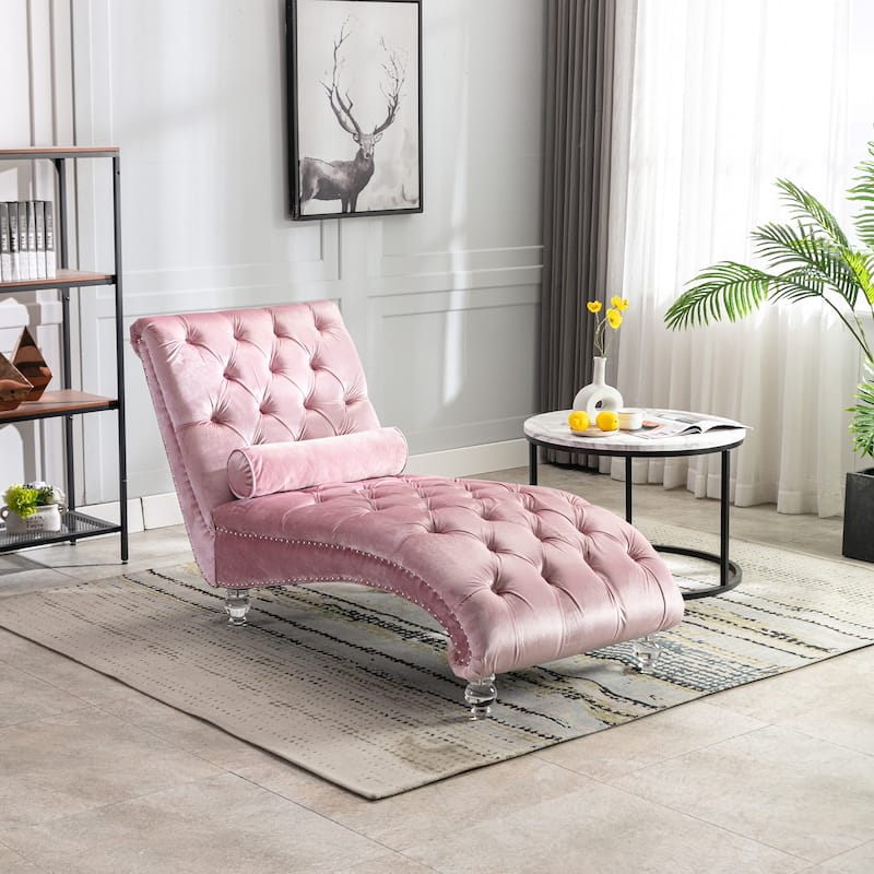 Pink 63.98" Buttons Tufted Chaise Lounge Chair with Pillow - Pink