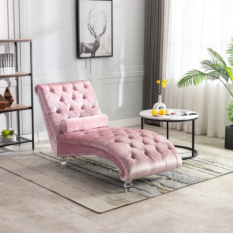Pink Modern 63.98" Upholstered Buttons Tufted Chaise Lounge Chair with Pillow and Acrylic Legs - Pink