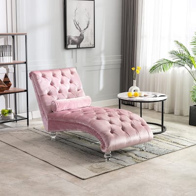 Pink Modern 63.98" Upholstered Buttons Tufted Chaise Lounge Chair with Pillow and Acrylic Legs