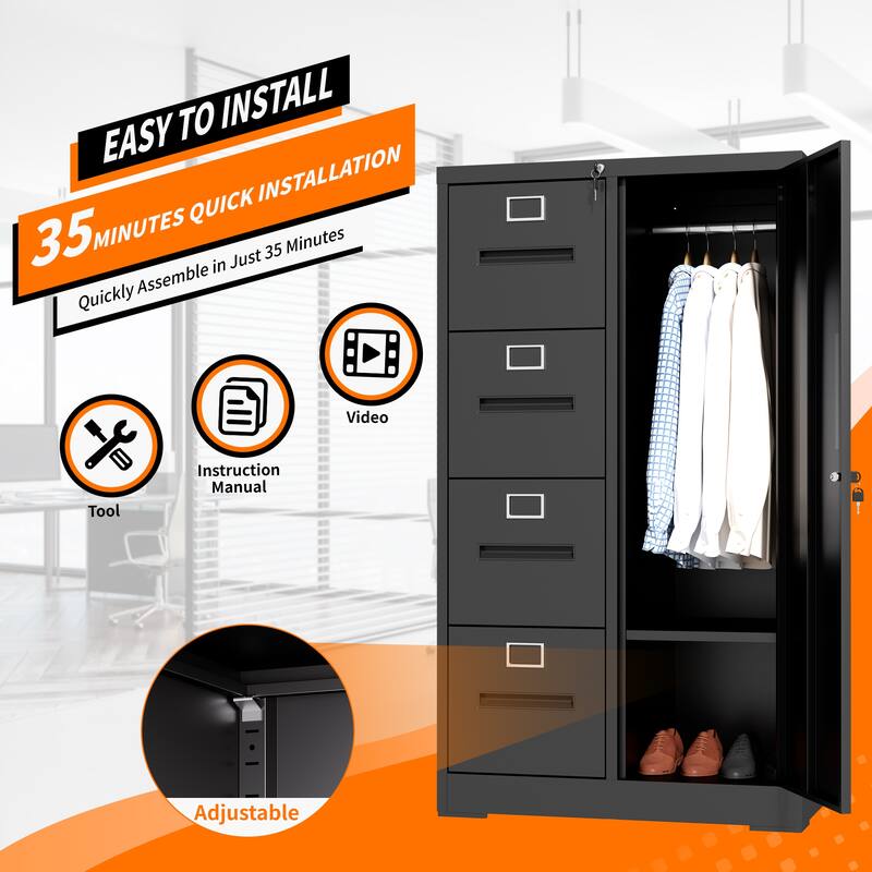 Metal Storage Vertical Filing Cabinet with Lock, Steel File Locker with 4 Drawers and 1 door for School, Living Room