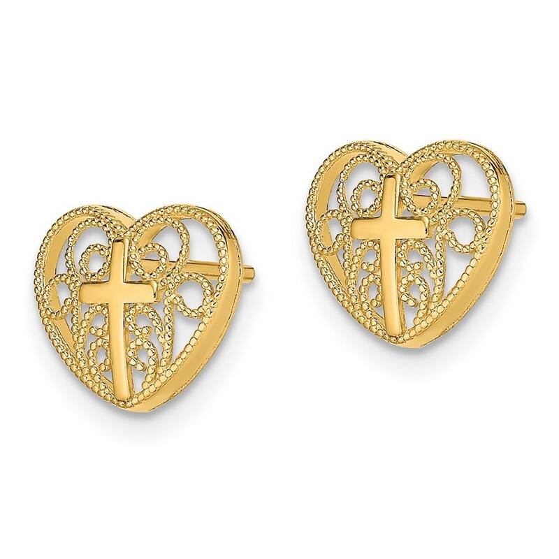 Curata 10.94mm 10k Yellow Gold Love Heart With Cross Post Earrings - 9.44x10.94mm