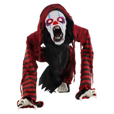 Haunted Hill Farm Jester the Animatronic Squatting Clown Dog with Movement, Sounds, and Light-Up Eyes for Halloween Decoration