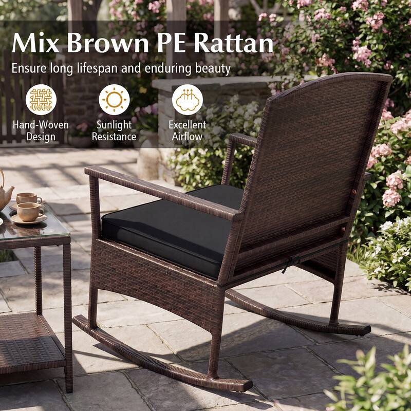 Gymax 3 Piece Patio Rocking Bistro Set 2 Rattan Armchairs w/ 2-Tier