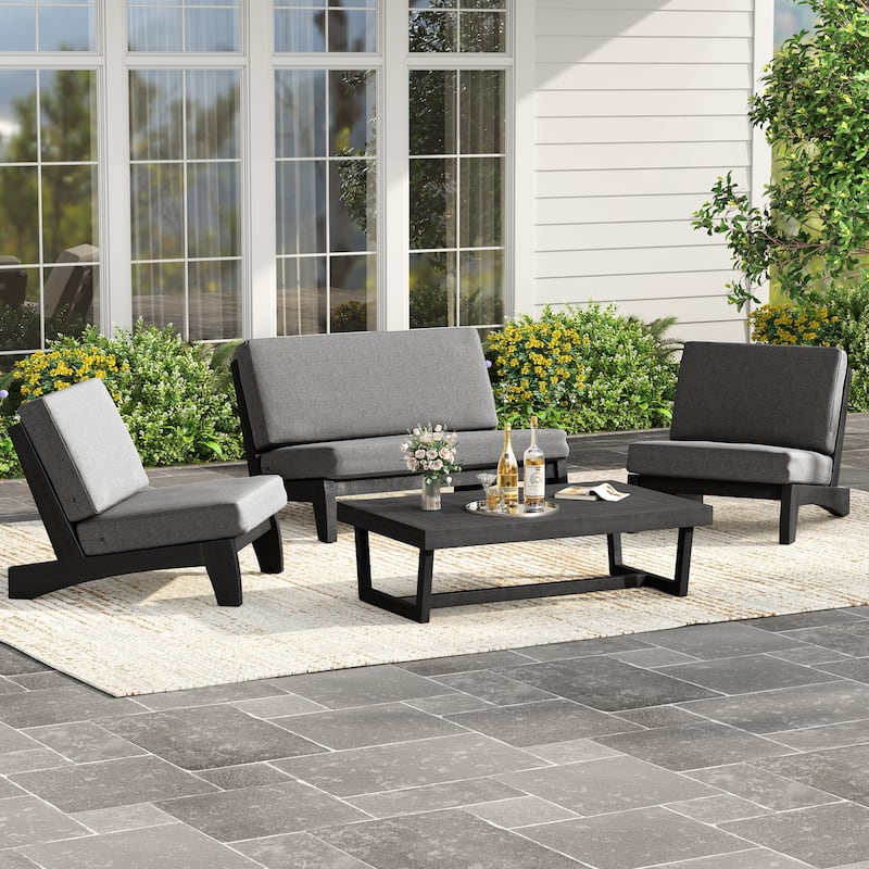Outdoor Chair Solid Wood Furniture Patio Loveseat Sets with Cushion - Grey Sets - 4Piece
