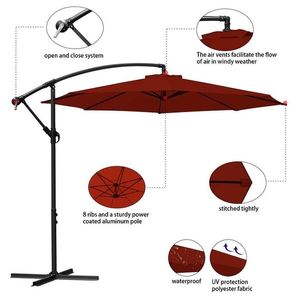 10 Foot Offset Cross Base Aluminum Hanging Crank Patio Umbrella Red Canopy
