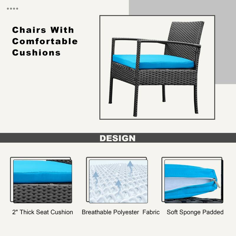 Outdoor Furniture 3 Piece Patio Bistro Furniture Set, Rattan Conversation Chairs Set with Side Table and Cushions
