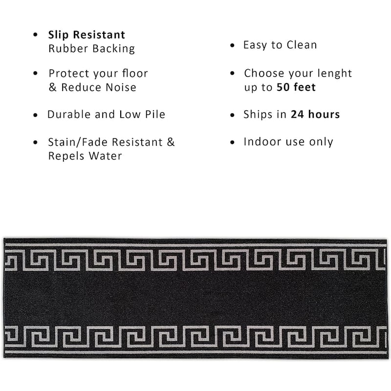 Custom Size Greek Key Black 26 Inch Wide Non-Slip Stair Runner Rug