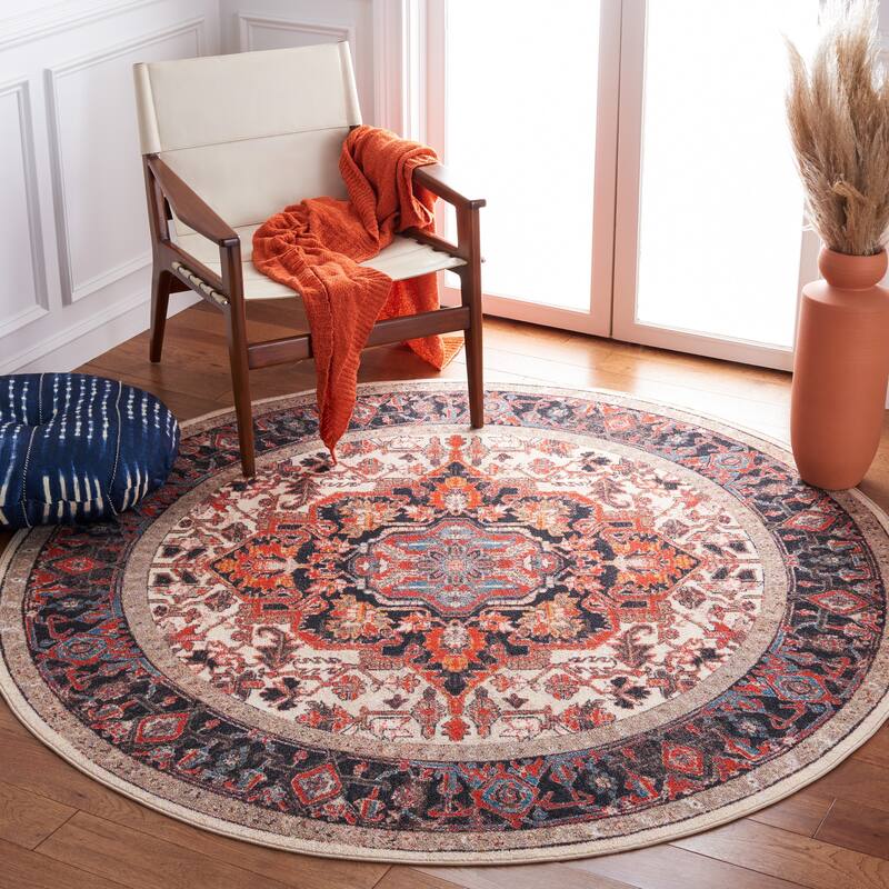 SAFAVIEH Journey Machine Washable Slip Resistant Kristi Oriental Medallion - 6'7" x 6'7" Round - Ivory/Red