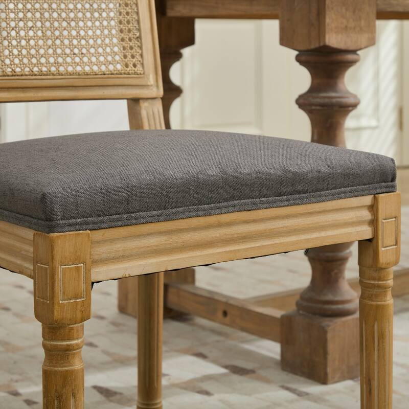 GDF Studio - French Modern Wood Dining Chairs with Rattan Backrest, Upholstered Seat, Set of 2 with Carved Frame