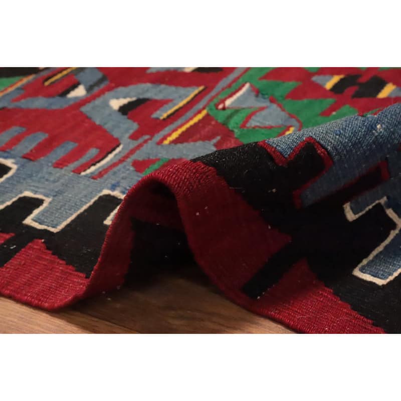 Hand Woven Oriental 100% Wool Carpet Southwestern Tribal Navy Blue & Blues Kilim Area Rug - 8' 11'' X 5' 9''