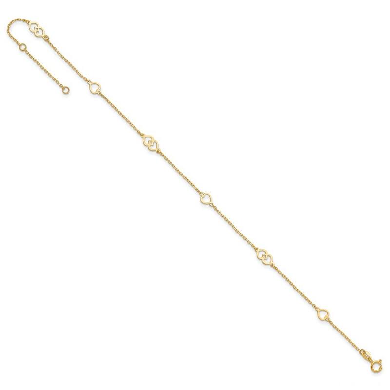 Curata 14k Yellow Gold 9+1" Polished Love Hearts Station Anklets (Spring-ring)