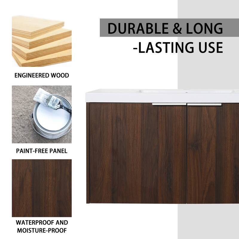 Floating Bathroom Vanity with Resin Sink, Soft Closing Doors, Metal Handles, and Ample Storage Space - 35.4in L Plywood